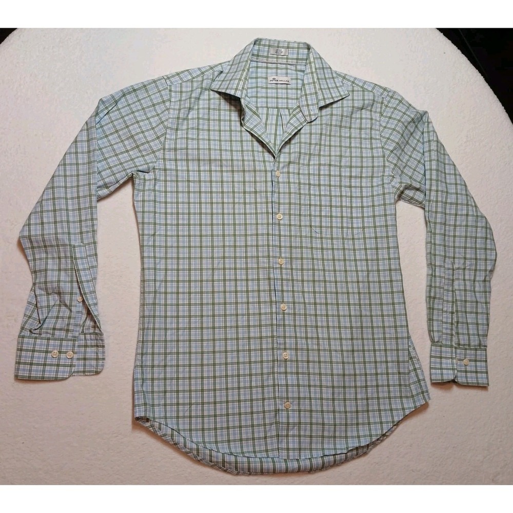 Peter Millar Button Down Shirt Mens Medium‎ Blue & Green Plaid Casual